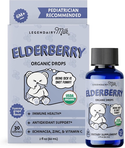 [BRSROBLQDIAQIH3V] Legendairy Milk Organic Elderberry Drops - Baby Multivitamín s Echinacea, Vitamín C a Zinok pre imunitnú podporu - Ideálne pre deti a batoľatá, non-GMO - 30 Serviv