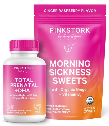 [BRSRGFAZOUHQAGTF] Pink Stork Morning Sickness Sweets Ginger Raspberry + Total Prenatal with DHA - Folate, Iron, Choline, B Vitamins, Support Women Before and During Pregnancy Bundle