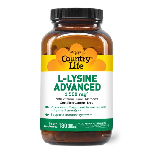 [BRSWGHY5AAPBSDI2] Country Life L-Lysine 1500mg Capsules with Vitamin D & Elderberry – Advanced Immune Support and Collagen Renewal – Certified Gluten-Free & Vegan – 180 Capsules