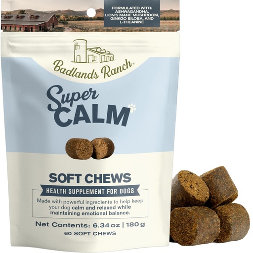 [BRSRGFT3CMFAGGT3] Badlands Ranch Super Calm Soft Chews for Dogs – Superfood Blend with Ashwagandha, Lion’s Mane Mushroom & L-Theanine – 60 Soft Chews