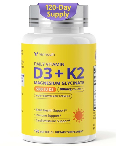 [BRSRGBAHC4FQMAD2] Vitamin D3 K2 5000 IU, D3 and K2 Supplements for Bone, Heart & Immune Support - Enhanced with Magnesium Glycinate - Non-GMO, Gluten Free, Soy Free Softgels, 120 Day Supply