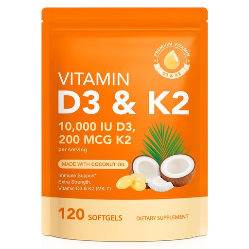 [BRSRGCADB4DQGDT3] Vitamin D3 K2 10,000 IU 120 Softgels, D3 10,000 IU & K2 MK-7 200 mcg Supports Immune, Heart, Teeth & Bone Health, Non-GMO, Free of Soy, Gluten