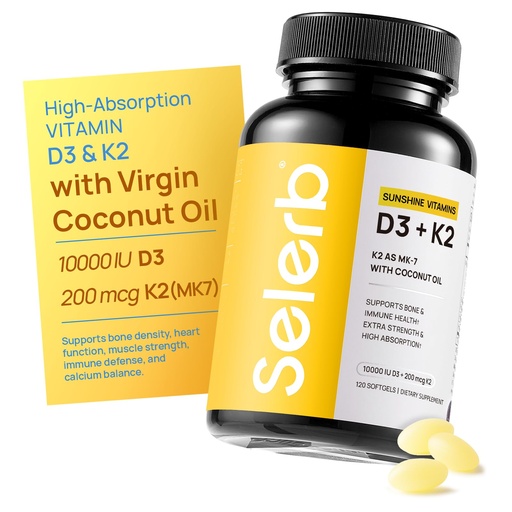[BRSREFA2DNYGKF3K] Selerb Vitamin D3 K2 with Virgin Coconut Oil -Vitamin D3 10000 IU + K2 MK-7 200 mcg Vitamin Supplement for Bone, Immune and Heart Support Easy to Swallow 120 Softgels