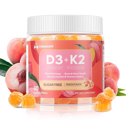[BRSREFTQBB5G233K] Vitamin D3 K2 Gummies Sugar Free - 90 Count | 5,000 IU Vitamin D3 + 100 mcg K2 (MK-7) | Vegan D3 K2 Supplement for Bone & Immune Health Support, Peach Flavor