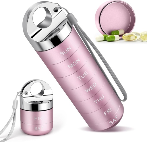 [BRSRAEATOYGWGC32] Metal Travel Pill Organizator, Portable Weekly Pill Box, Wodoodporny Duży Aluminiowy Alloy 7 Dzień Pojemnik na witaminy, BPA Free Daily Medicine Organizer Holder for Witamina, Suplement, Olej rybny (Cute Pink)