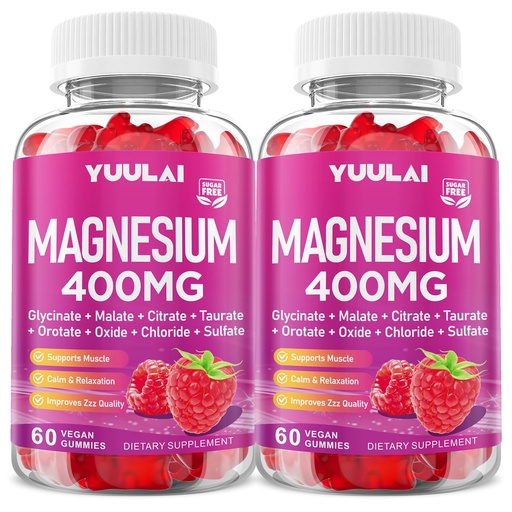 [BRSRECT5AB5BYETZ] Pack of 2 Magnesium Complex Gummies 400mg, Magnesium Glycinate, Malate, Citrate, Taurate, Oxide & More | w/Ashwagandha Extract, D3 & B12 for Calm, Zzz, Relaxation, Raspberry Flavor, 120 Count