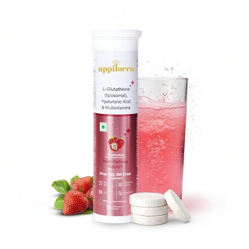 [BRSRGEIKCICRQHTU] appilorra L-Glutathione Effervescent Tablets with Hyaluronic Acid, Multivitamins & Antioxidants for Glowing Skin, Hydration & Even Skin Tone Support | Strawberry Flavour | 15 Tablets
