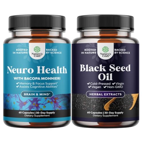 [BRSRECYYCQCBMHLB] Bundle of Nootropic Brain Supplement for Memory & Focus with Bacopa Monnieri VIT A B6 Riboflavin Niacin Thiamin Folate and Vegan Black Seed Oil - Cold Pressed Nigella Sativa Black Cumin Seed Oil