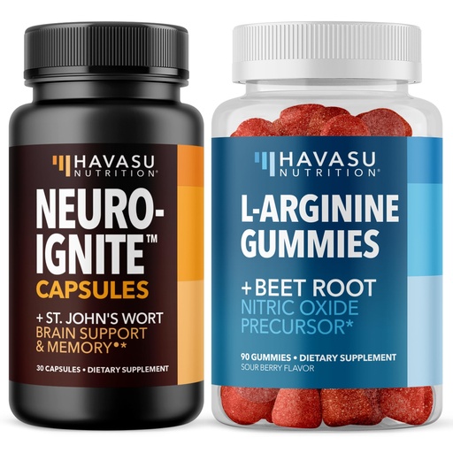 [BRSRGCT6CF6R6A3V] HAVASU NUTRITION NeuroIGNITE Brain Supplements for Memory and Focus 30 ct and L-Arginine Gummies with L-Citrulline and Beet Root 90ct Bundle