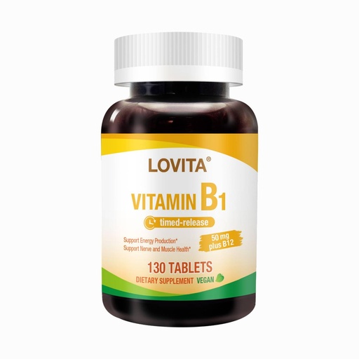 [BRSRAAQROYDROEIZ] LOVITA Vitamin B1 (Thiamine) 50mg, Timed Release, 8 Hours Sustained, with Vitamin B12 100mcg, Support Metabolism & Nerve Health, 130 Vegan Tablet