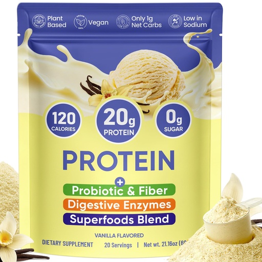 [BRSRGAABOVYR6CT5] Venture Pal Vanilla Plant Protein, 20g Vegan Protein Powder with Digestive Enzymes, Fiber & 9B CFU Probiotics - Easy to Digest | Non-GMO | 20 Servings
