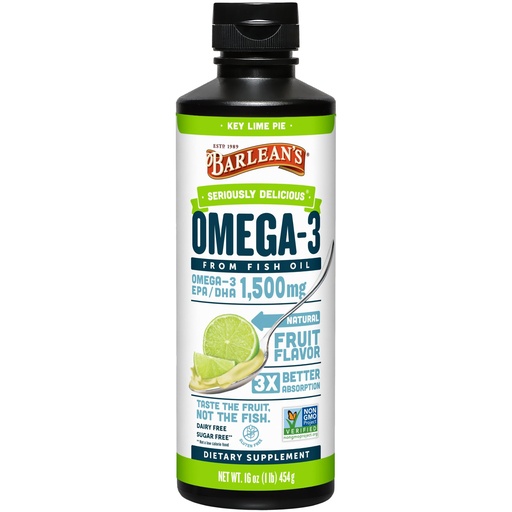 [BRSWIZI3PIOQOCT2] Barlean's Omega 3 Fish Oil Liquid Supplement for Men and Women, 1500mg of EPA and DHA Fatty Acid, Promotes Brain & Heart Health - Non-GMO, Key Lime Pie, 16 oz