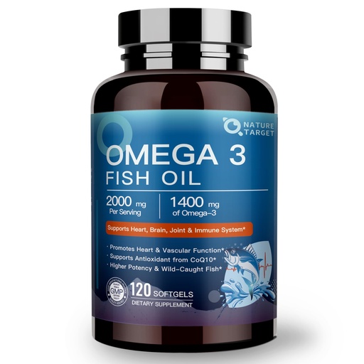 [BRSRE2YCDEIRAHT3] NATURE TARGET Omega 3 Fish Oil, High-Purity Fish Oil 2000mg, Rich in Omega-3 Fatty Acids, Supports Heart & Immune Health, Easy to Absorb, No Fishy Aftertaste, 120 Softgels