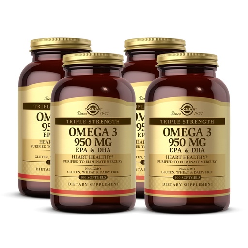 [BRSWIFD5OEARGEY7] Solgar Triple Strength Omega 3 950 mg - 100 Softgels, Pack of 4 - Supports Joint & Skin Health - Non-GMO, Gluten Free, Dairy Free - 400 Total Servings