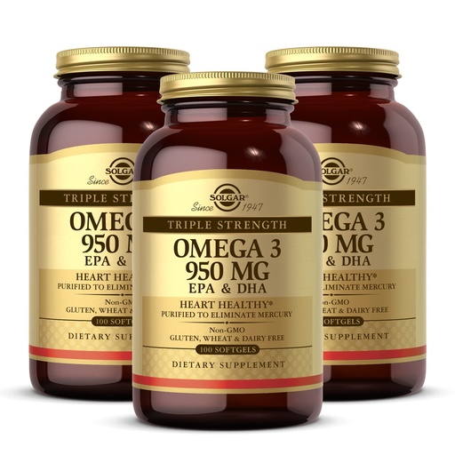 [BRSWI2QFAUEGGEA3] Solgar Triple Strength Omega 3 950 mg - 100 Softgels, Pack of 3 - Supports Joint & Skin Health - Non-GMO, Gluten Free, Dairy Free - 300 Total Servings
