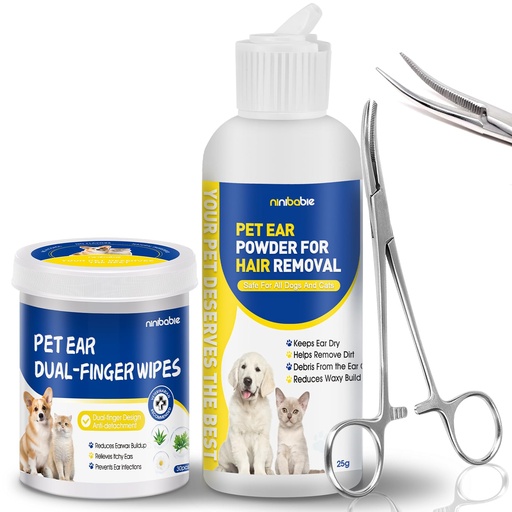 [BRSRAGQOPMCWCDTU] Dog Ear Hair Removal Kit with Ear Powder & 5.5" Curved Locking Forceps – Dog Ear Finger Wipes for Grooming, Helps Remove Excess Ear Hair, Dirt & Moisture, Alcohol-Free Pet Ear Care for Dogs