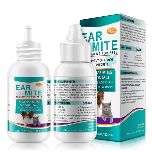 [BRSREAQKDN4GCADZ] Ear Mites Treatment for Dogs & Cats - Cat Ear Mite Treatment with Aloe Vera, Kills on Contact & Soothes Itching, Vet-Recommended Formula for Pets Ear Cleaning, Fast-Acting 0.75oz Bottle