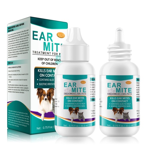 [BRSRGFAFDIJWOEIV] 2 Pack Ear Mite Treatment for Dogs and Cats, with Aloe Vera, Cat Ear Mite Treatment Cleaner on Contact & Soothes Itching, Vet-Recommended Formula for Ear Infection Treatment Drops
