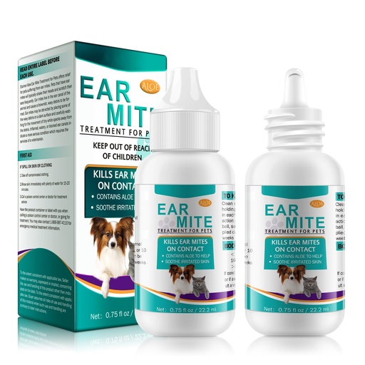 [BRSRGAIZBAIRM2DD] Ear Mite Treatment for Dogs and Cats,Ear Infection Treatment Drops,Relief for Dogs and Cats Suffering from Ear Mites, Pets Ear Cleaning Drops with Soothing Aloe for Dog & Cats (1.5 Fl Oz (Pack of 2))