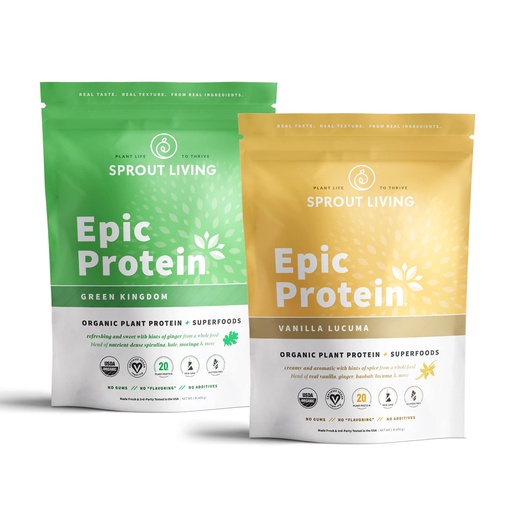 [BRSRMZIYCIHRMFD5] Sprout Living Epic Protein Bundle - Vanilla Lucuma & Green Kingdom (20g Organic Plant-Based Protein Powder, Vegan, Gluten Free, Superfoods) | 1lb, 12 Servings