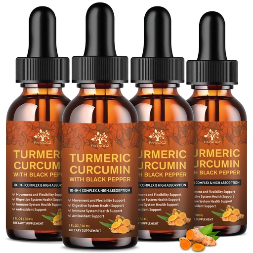 [BRSRGYLRDEIA2FAZ] (4 Pack) Organic Turmeric Curcumin Supplement with Black Pepper and Ginger - Liquid Turmeric Extract Drops with Cinnamon, Rosemary - Mobility and Flexibility Support and Digestive Health - 1 Fl Oz