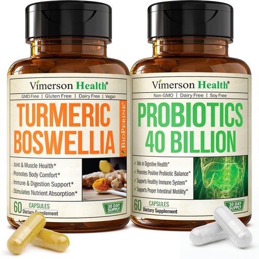 [BRSREAAHOYBR4F3V] Boswellia Turmeric Curcumin Supplement + 40 Billion CFU Probiotics for Women & Men with Prebiotics Bundle for Joint & Immune Support, Digestive & Gut Health – with Ginger Root, Organic Turmeric Powder