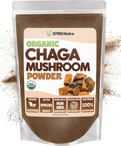 [BRSW22QCBEPRGHTX] XPRS Nutra Organic Chaga Mushroom Powder - Premium USDA Organic Chaga Mushrooms Powder - Chaga Powder Supports Immune Health - Vegan Friendly Superfood for Chaga Tea and Beverages (16 oz)