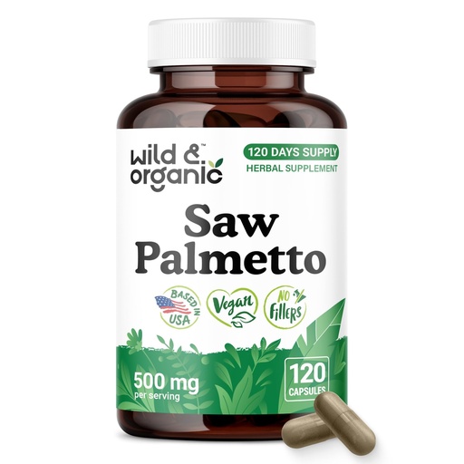 [BRSRAHA3BEDQ22D6] Wild & Organic Saw Palmetto Capsules 500 mg - Urinary Tract Support for Men & Women - Pure Saw Palmetto Supplement - Serenoa Repens Berries - 120 Days of Supply - Vegan, Non-GMO - 120 Count