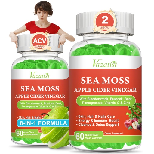 [BRSROYI3CANQ2AD3] 2 Pack Apple Cider Vinegar Gummies, ACV with Sea Moss Gummies for Metabolism, Digestion, Detox, Gut & Immune Health, Apple Flavored -120 Count