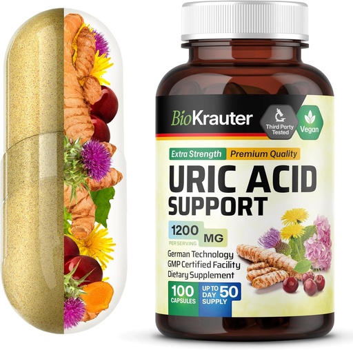 [BRSWGBL4BB4GY3DB] BIO KRAUTER Uric Acid Support Capsules 1200 mg Blend - 100 Count - Kidney Supplement w/Tart Cherry 10:1 Extrakt - Milchdistel und Kurkumaextrakt - Vegan