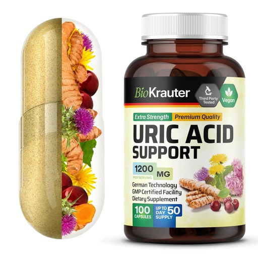 [BRSWGBL4BB4GY3DB] BIO KRAUTER® 7-in-1 Uric Acid Support Supplement with Tart Cherry, Dandelion Root, Cranberry & Celery Seed – Herbal Kidney Support with Milk Thistle & Turmeric 1200 mg, 100 Capsules, 50-Day Supply