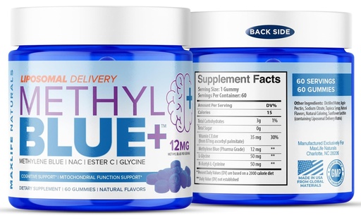 [BRSREGIKOZYQO2QU] Pure Methylene Blue Pharmaceutical Grade Gummies - 60 Gummies, 12mg Blue-Raspberry Flavor USA Made Liposomal Methylene Blue Chews with Vitamin C Ester, & NAC Glycine for Brain Fuel & Mental Clarity