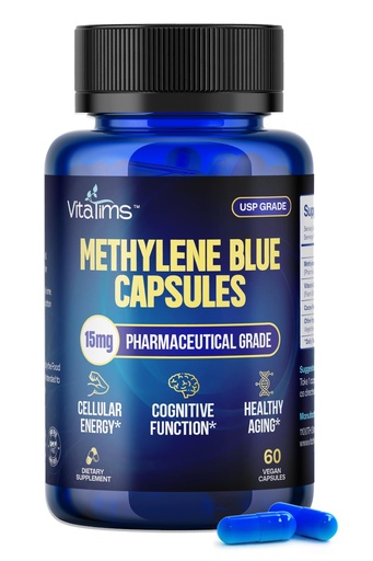 [BRSREBI7AR5BAADK] Methylene Blue Capsules 15mg - USP Grade Pharmaceutical Supplement, 99% Pure with Vitamin C Ester - Non-GMO, Vegan Pills for Focus, Memory & Cognitive Energy - 60 Count