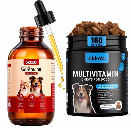 [BRSRYYABOUMQIDLK] Dog Vitamins and Supplements Multivitamin Chewable 150 pcs with Wild Alaskan Salmon Oil for Dogs & Cats 8.5 oz - Omega 3, Glucosamine & Probiotics for Skin & Joint Support