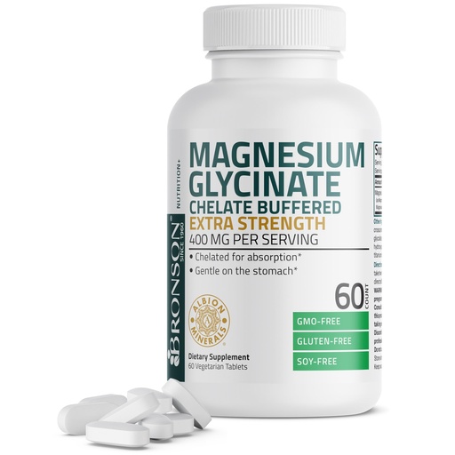 [BRSRA2T6BEHQMDY7] Bronson Magnesium Glycinate 400mg Extra Strength, Vegetarian, Chelated for Absorption Gentle on The Stomach, Non-GMO, 60 Tablets