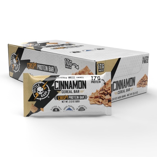 [BRSRECYBOAGWKD3X] Battle Bars Crispy Protein Bar, 17g Protein per serving - Gluten Free, No Artificial Flavors or Colors - Veteran Founded - Cinnamon Cereal (60g) 12 Count