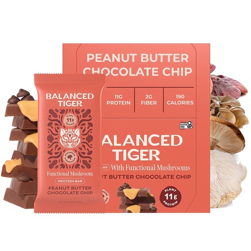 [BRSW2FAPBUORGALF] Balanced Tiger Vegan Protein Bars | Plant Based Protein Bars w/Functional Mushrooms - Lions Mane, Shitake, Reishi & Maitake | Peanut Butter Chocolate Flavor, 12 Pack