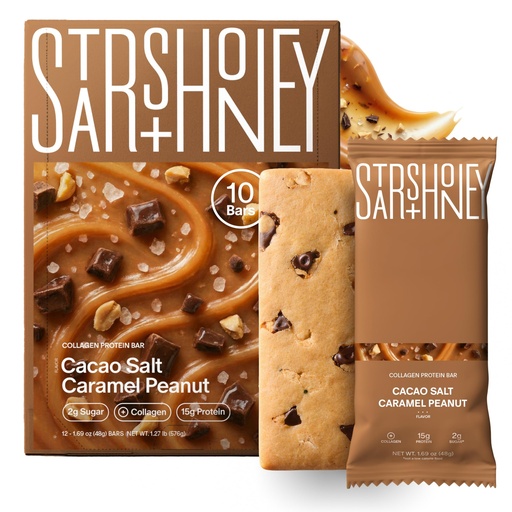 [BRSREGA5DMPGEDLX] Stars + Honey Protein Bars- Cacao Salt Caramel Peanut,15g Protein, 2g Sugar, w/ Collagen Keto Friendly Snack - Gluten, Dairy, & Soy Free - High-Protein Snacks for Energy & Recovery-10 pack