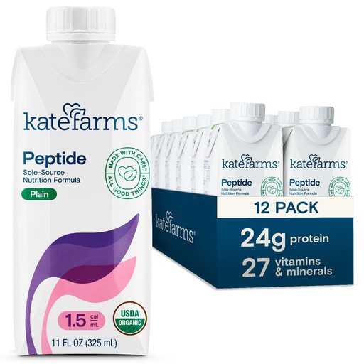 [BRSWGFQLDN4AO3T2] KATE FARMS Organic Adult Peptide 1.5 Formula, Plain, Sole-Source, Hydrolyzed Plant-Based Nutrition for Oral or Tube Feeding, 11 Fl oz (12 Pack)