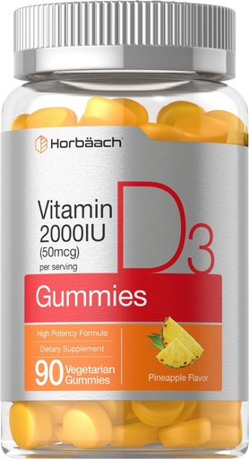[BRSW2ZT4DMDQM3LG] Horbäach Vitamin D3 2000iu Gummies | 90 Count | Vegetarian | Pineapple Flavor | 50 mcg | Non-GMO, Gluten Free Vitamin D Supplement