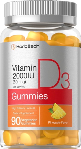[BRSW2ZT4DMDQM3LG] Horbäach维生素D3 2000iu Gummys 90 植物学家 Pineapple Flavor 50 mcg Non-GMO, Gluten Free维生素D 补充品