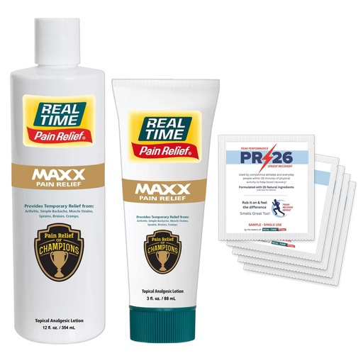 [BRSWGZICBEPB6EQU] Real Time Pain Relief MAXX Value Pack: 12oz MAXX Bottle, 3oz MAXX with Arnica & Menthol and 5 PR-26 Travel Packs for Soothing Discomfort in Hands, Feet, Back, Knees, Muscles & Joints