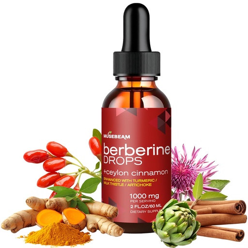 [BRSRGBDYBUHWE3DG] musebeam Organic Berberine HCl 1000mg Liquid Drops - with Ceylon Cinnamon Turmeric Milk Thistle Artichoke - High Bioavailability Supplement for Men Women - Vegan Sugar Free Gluten Free 2fl. oz (60ml)