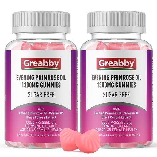 [BRSREAQ3O55GCADF] Evening Primrose Oil Gummies 1300mg with Black Cohosh & Vitamin B6, Sugar-Free, PMS Relief Supplements for Women 20-45, Chewable PMS Gummies, Strawberry Flavor, Vegan, Pectin, 120 Count