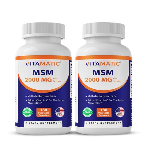 [BRSREFA7O4JQ4F3H] Vitamatic MSM 2000 mg with Vitamin C 75mg per Serving - 180 Veg Capsules - Vitamin C Aid in Better absopriton of MSM (Methylsulfonylmethane) - Non-GMO & Gluten Free-2 Pack