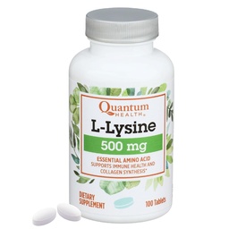 Quantum Health L-Lysine 500mg Essential Amino Acid Supplement - Supports Collagen & Protein Synthesis, Bone Health, Muscle Recovery and Immune Health - Vegan Friendly - 100 Tablets