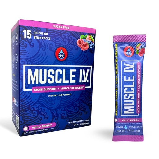 [BRSRGZARDIMRQA32] Muscle I.V.® Mood Support + Recovery - Calm Focus, Relaxation and Stress Relief Drink Mix | KSM-66® Ashwagandha, L-Theanine, Magnesium Glycinate, D3 + K2, Electrolytes | Sugar-Free, 15 Stick Packs