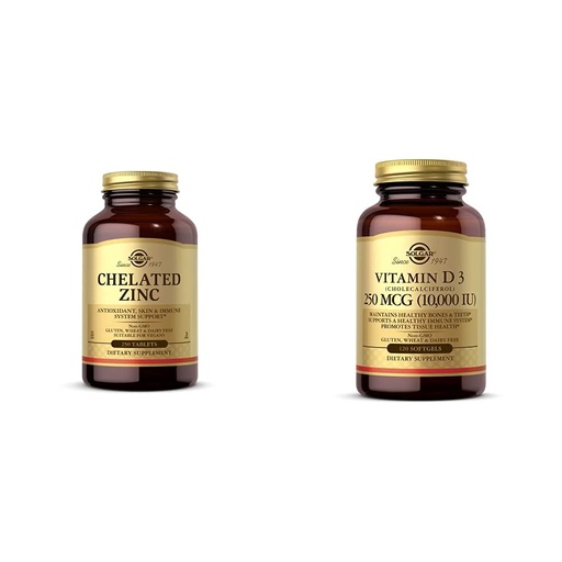 [BRSW2EI5BZYRQG33] Solgar Chelated Zinc, 250 Tablets - Zinc for Healthy Skin - Supports Cell Growth & DNA Formation - E with Vitamin D3 (Cholecalciferol) 250 MCG (10,000 IU), 120 Softgels - Helps Maintain Healthy Bones