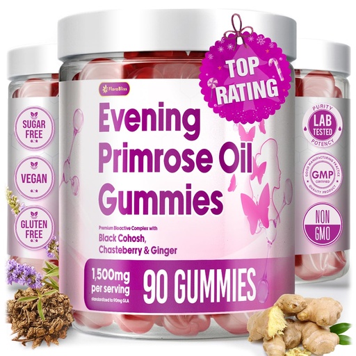 [BRSRGY33OQARSA3G] 90 Evening Primrose Oil Gummies w/ Black Cohosh, Chasteberry, Ginger | 90 count, 45 Day-supply, 1500mg. Vegan, Non-GMO, Sugar-Free