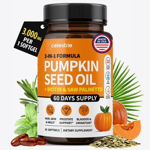 [BRSRGBL7PMPRU3A6] 3-in-1 Pumpkin Seed Oil with Saw Palmetto Capsules (3000mg/softgel) + Biotin for Hair Growth, Radiant Skin, Prostate, Bladder, Immune & Urinary Support, Essential Fatty Acids & Vitamins, 60 Day Supply